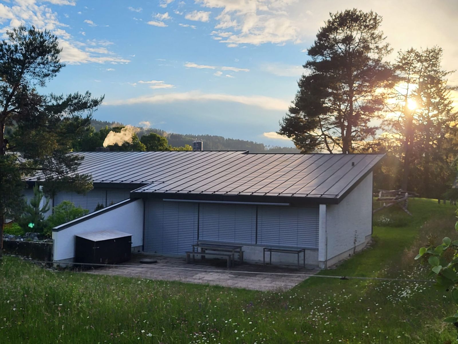 Schultrakt im Abendlicht, die Sonne hinter einer Föhre